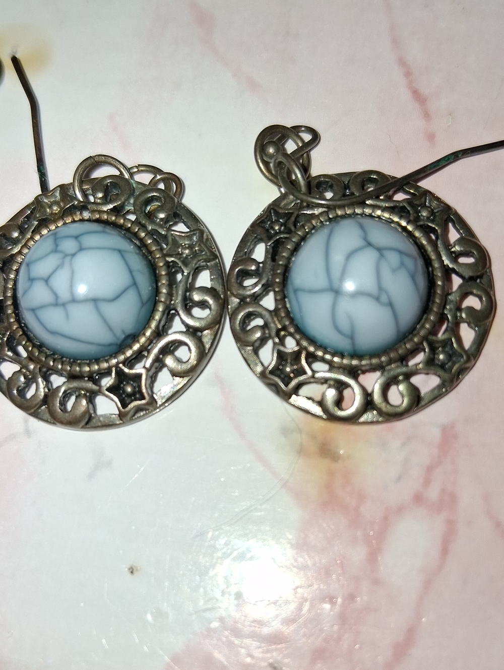 Blue Marble Stone Filigree Drop Earrings - Women Jewelry